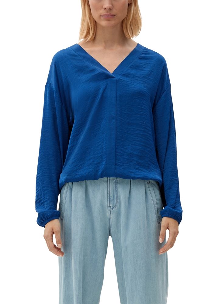 s.Oliver Damen Blusenshirt V-ausschnitt Gummibündchen Tunnelzug blau,schwarz S22 2125378 36 | 5659 BLUE | 