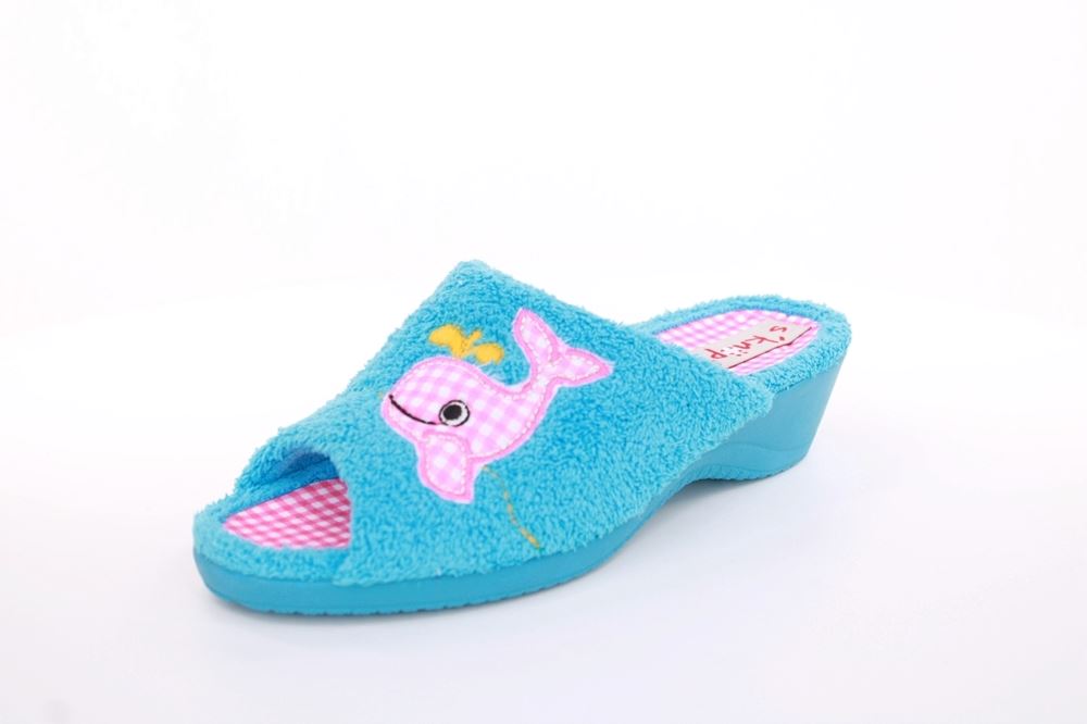 s`knöpfli Damen Pantolette Hausschuh Frottee Motiv- Druck blau S13 K27314 