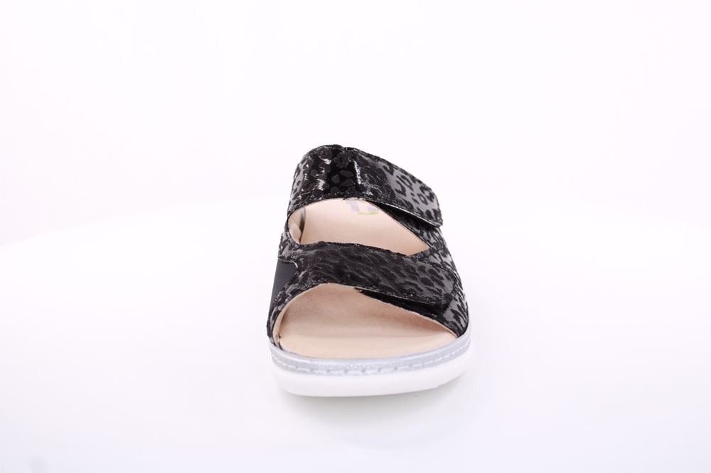 Fußbequem Damen Pantolette Wechselfußbett Stretch- Einsatz metallisch glänzend braun, schwarz S13 5012 