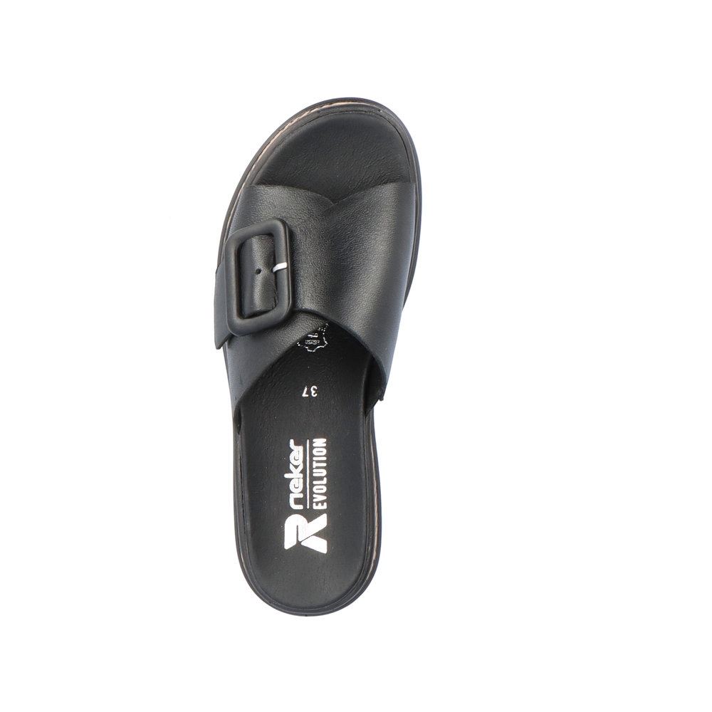 Rieker EVOLUTION Damen Pantolette dekorative Schnalle Sohle Korkoptik Leder schwarz S13 W0803-00 