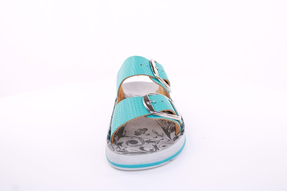 Fußbequem Damen Pantolette Leder weiß, blau S13 D1112 