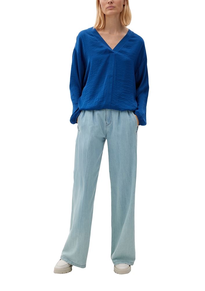s.Oliver Damen Blusenshirt V-ausschnitt Gummibündchen Tunnelzug blau,schwarz S22 2125378 36 | 5659 BLUE | 
