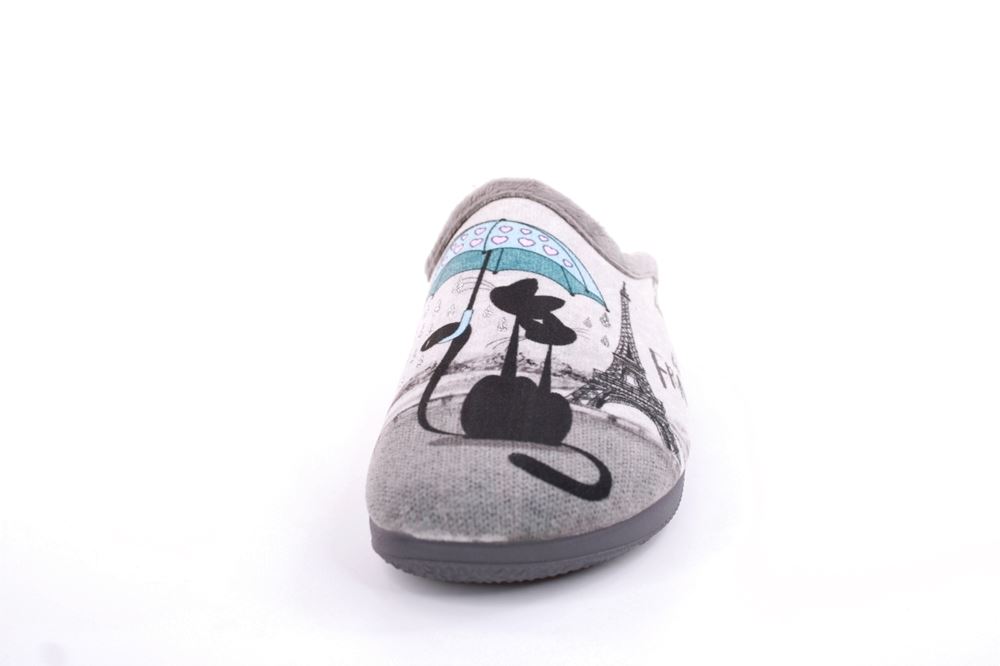 s`knöpfli Damen Hausschuh Pantolette Katzenmotiv grau S22 X27664 