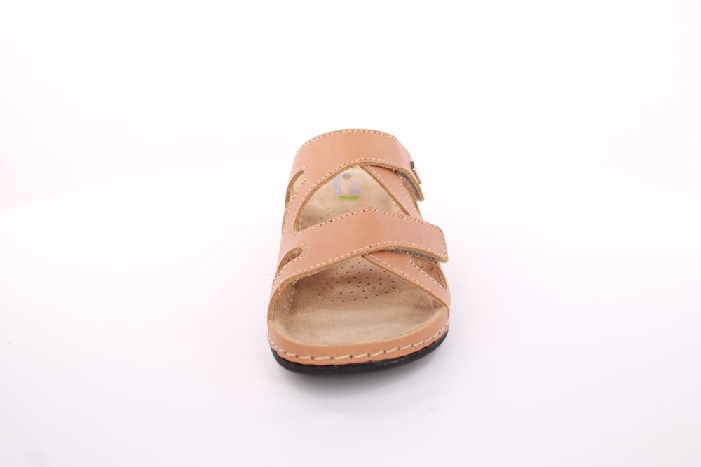 Fußbequem Damen Pantolette Leder Klettverschluss braun, grau S13 2000 