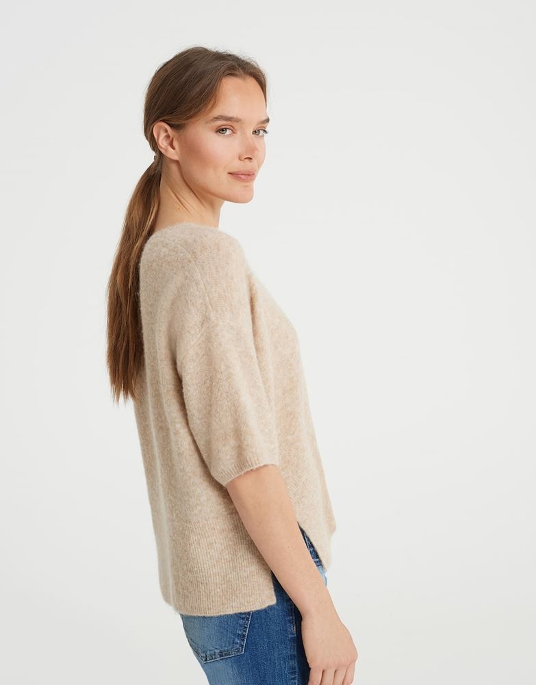 OPUS Strickpullover Pulmini Wollmix macadamia und grün S22 1007145532100 