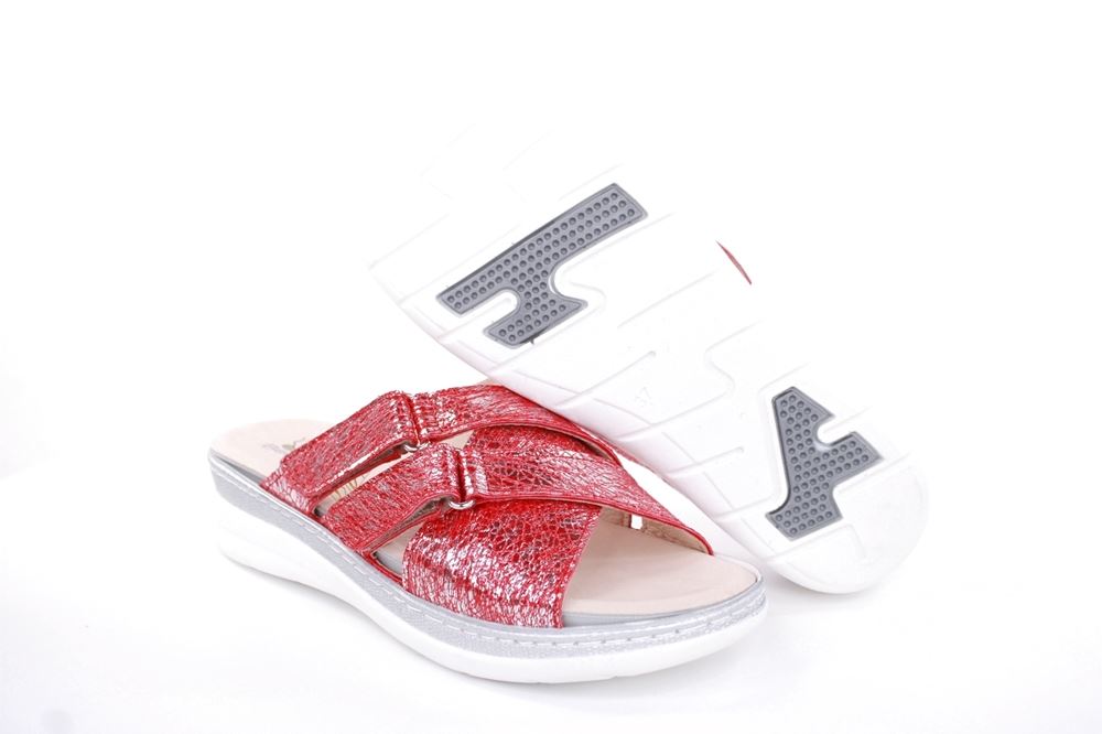Fußbequem Damen Pantolette Wechselfußbett metallisch glänzend rot S213 5013 