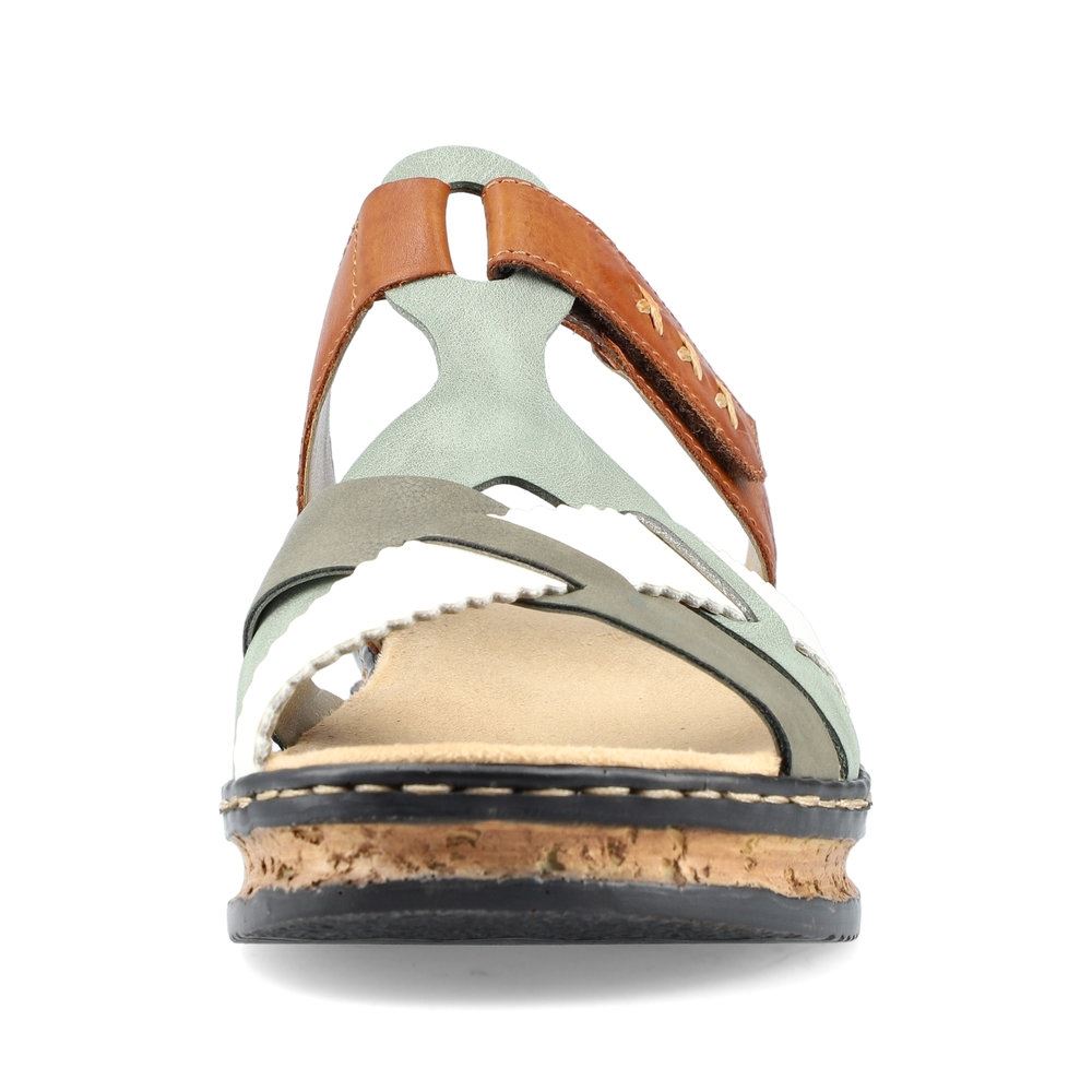 Rieker Damen Pantoletten schokobraun-mintgrün-weiß Keilabsatz S13  62989-90 
