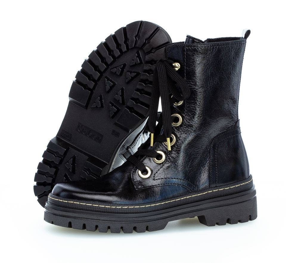 Gabor Bikerboot Schnürstiefelette Leder Wechselfußbett schwarz S22 91.721.37 7,5 | schwarz (gold) | F