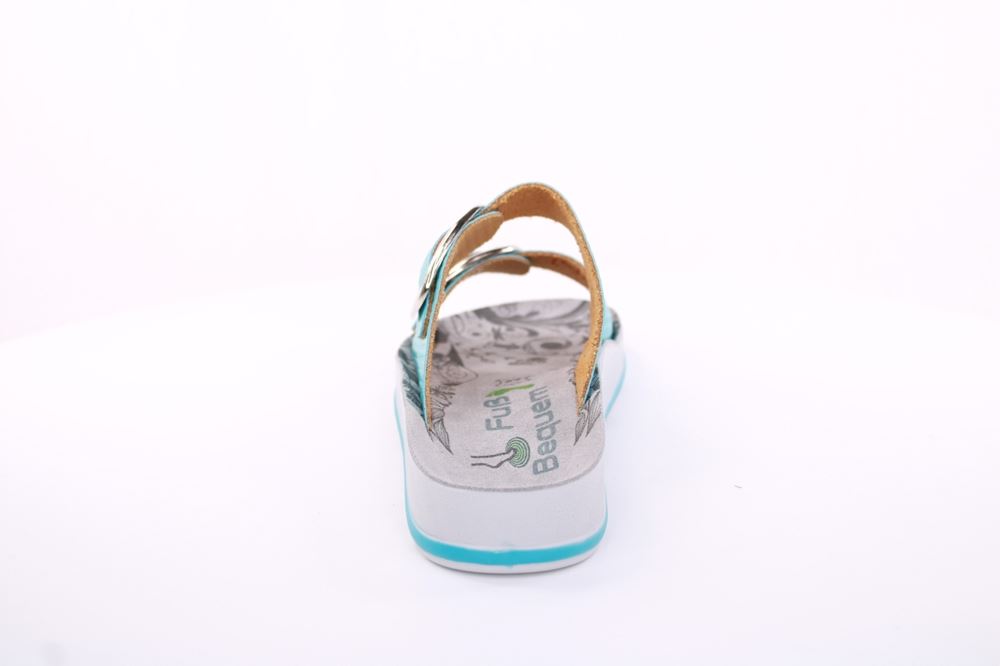 Fußbequem Damen Pantolette Leder weiß, blau S13 D1112 