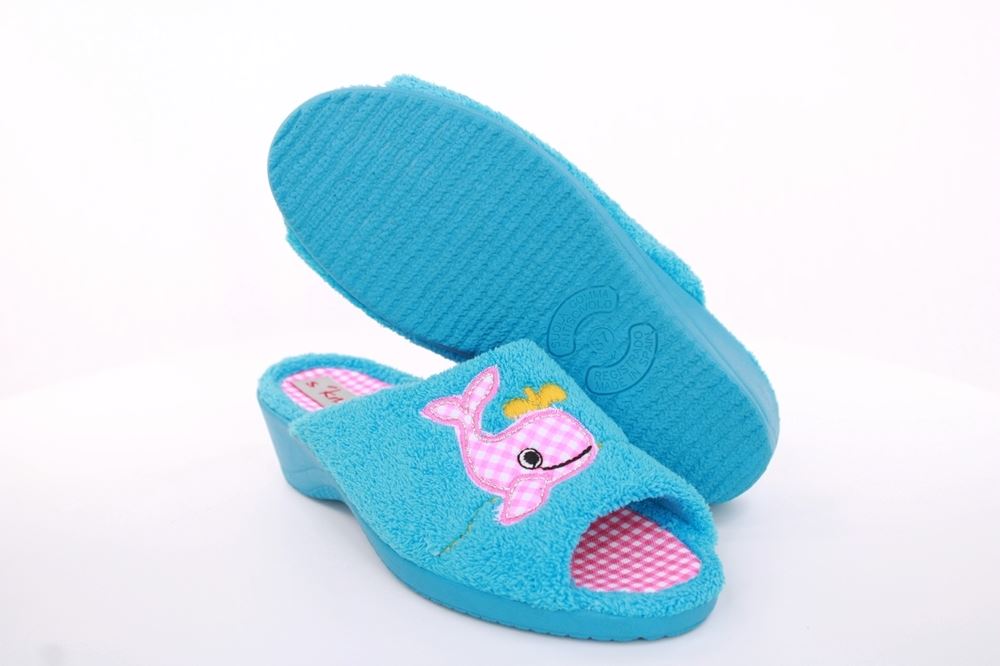 s`knöpfli Damen Pantolette Hausschuh Frottee Motiv- Druck blau S13 K27314 