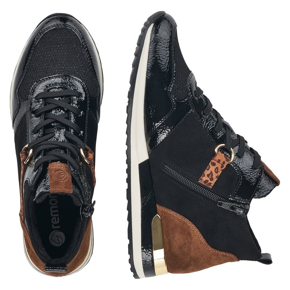 Remonta Damen Sneaker High Schnürschuh Leder, Lederimitat, Lack  Wechselfußbett schwarz S22 R2574-02 36 | black/schwarz/s | F