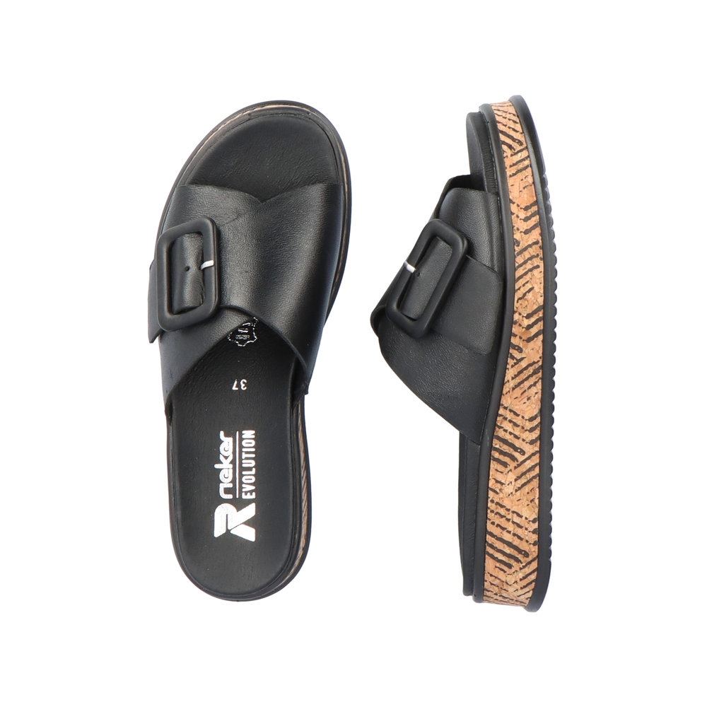 Rieker EVOLUTION Damen Pantolette dekorative Schnalle Sohle Korkoptik Leder schwarz S13 W0803-00 