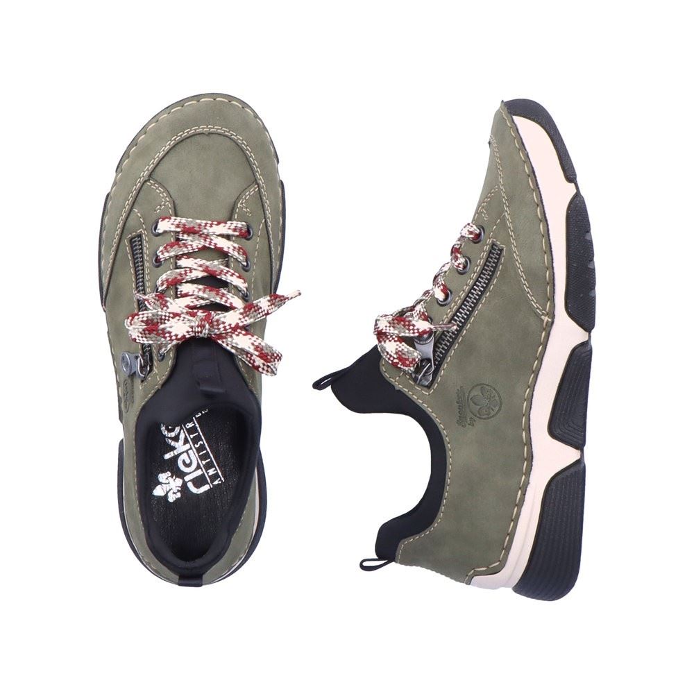 Rieker Antistress Damen Slipper Sneaker Schlupfschaft Zierreißverschluss Wechselfußbett grün S22 45973-54 37 | liane/schwarz | F