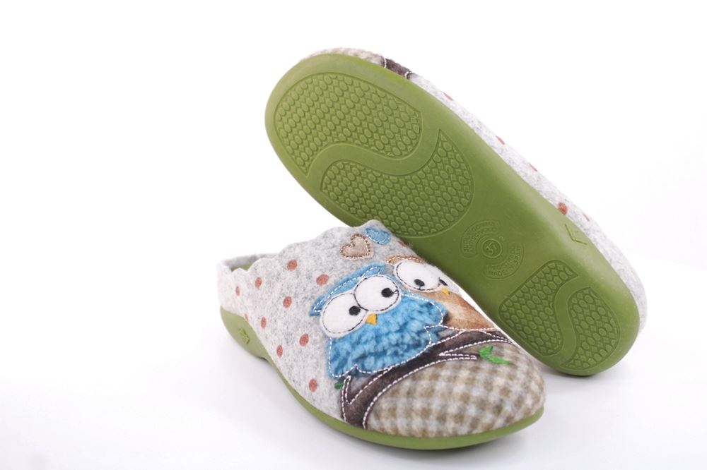s`knöpfli Damen Hausschuh Pantolette Eulenmotiv Wechselfußbett grau S22 Z27658P 37 | fieltro kaki | 