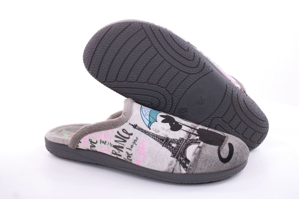 s`knöpfli Damen Hausschuh Pantolette Katzenmotiv grau S22 X27664 